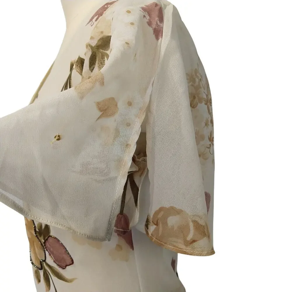 Vintage Y2K Floral Print Bias Cut Maxi Dress Size M Flutter Sleeve Ivory V Neck
